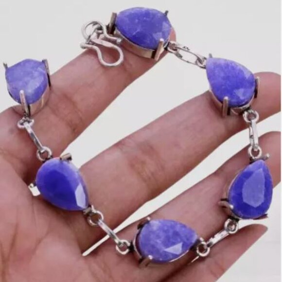 NWOT‎ Simulated Sapphire 925 Silver Plated Handmade Bracelet of 7" Ethnic - Picture 2 of 16